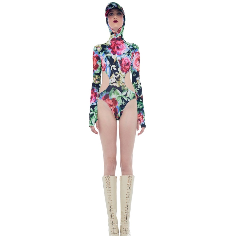 Norma Kamali Floral Print TURTLE SKULL CAP BODYSUIT Hooded Swimsuit Size S & Hat